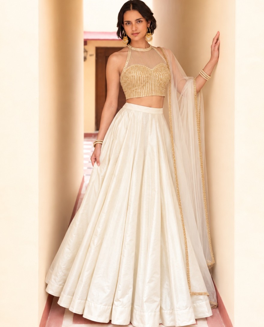 9028 - Silk Designer Lehenga Choli in Off White